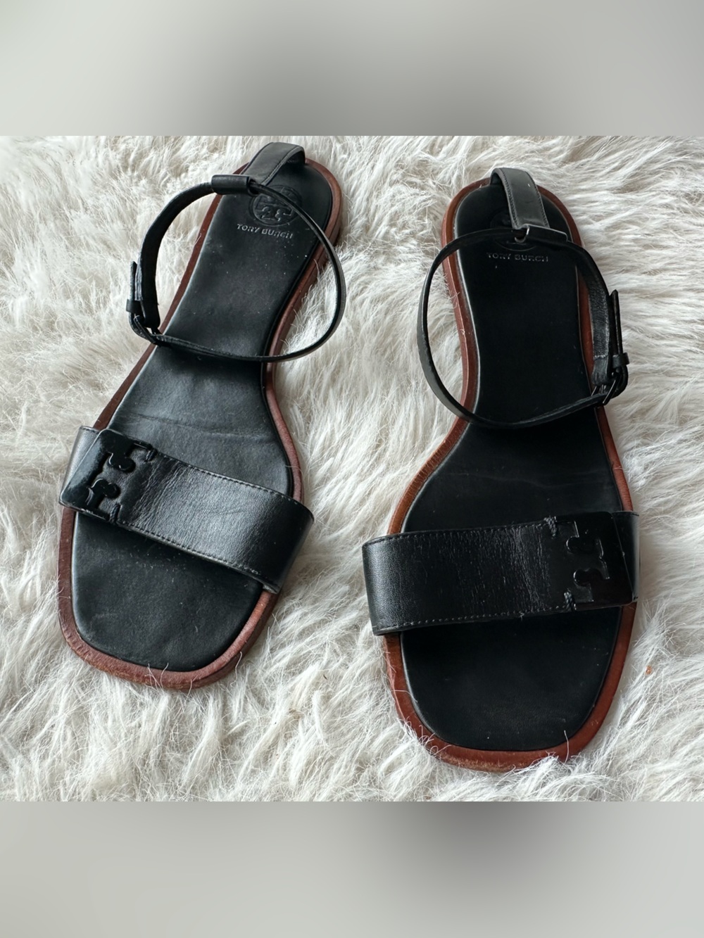 Tory Burch Gabriella Black Leather Flat Sandals with Ankle strap and T logo